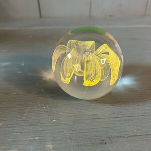 Yellow Floral Glass Sphere Paperweight Hand Blown